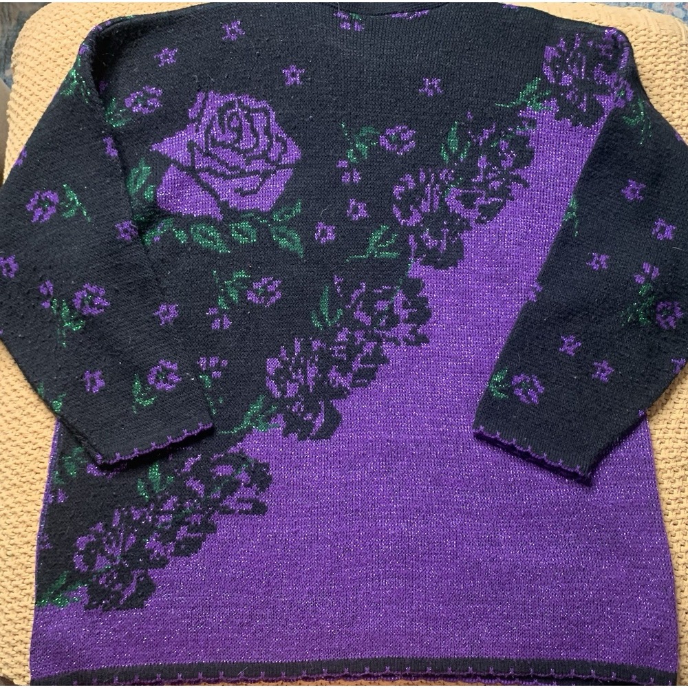 Women's 1X Vintage 80s Nutcracker Purple Rose Pullover Granny Sweater Floral‎